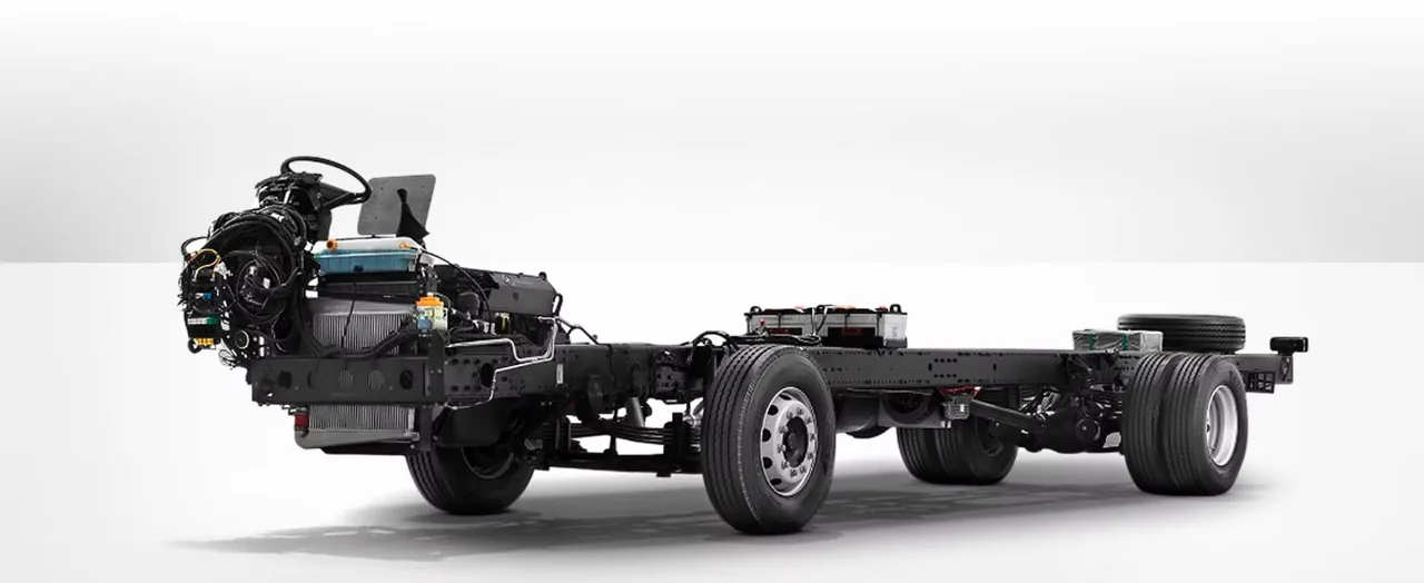 Mercedes-Benz commuter bus chassis on a clean studio background
