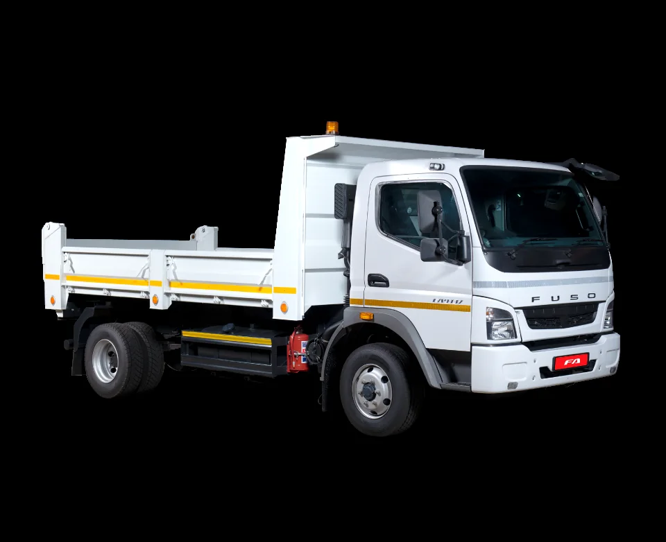 White FUSO FA tipper truck viewed from the front three-quarter angle
