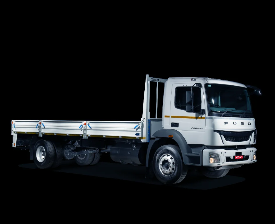 White FUSO FJ heavy commercial freight carrier with a flatbed body